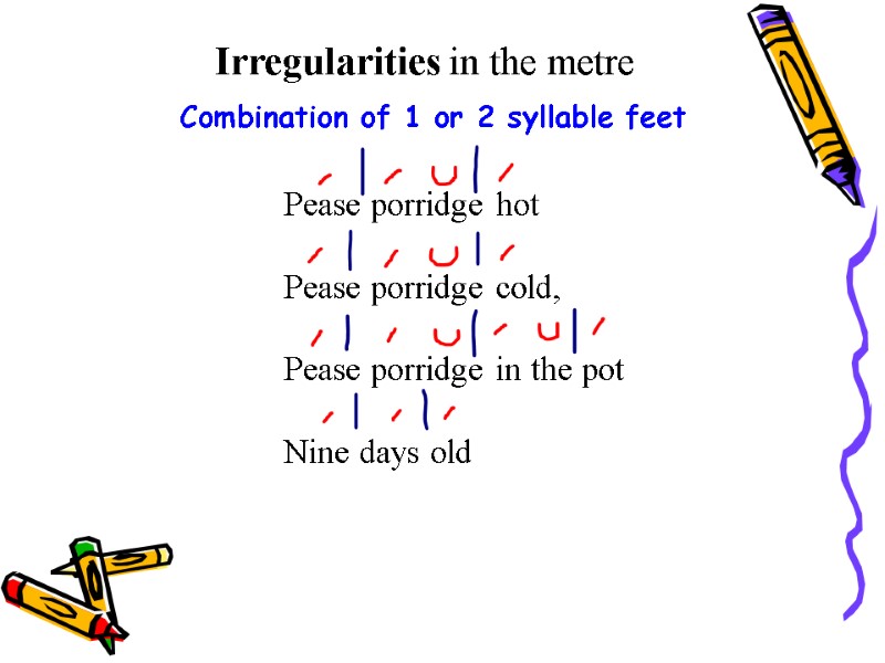 Irregularities in the metre Combination of 1 or 2 syllable feet Pease porridge hot